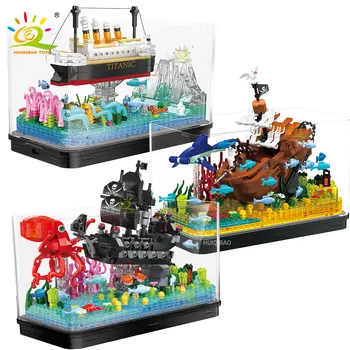 HUIQIBAO MOC Pirátskej Lodi Titanic akvárium Ozdoby Micro Stavebné Bloky DIY Plachetnici Nastaviť Tehly Mesto Kreatívne Hračky pre Deti,