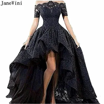JaneVini Elegantné Čierne Vysoké Nízke Prom Šaty Plus Veľkosť Dlho Loď Krku, Krátke Rukávy Backless Čipky Sweep Vlak Galajurken Lang