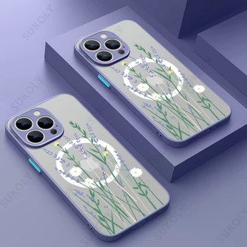 Matný Kvet Magnetické Telefón puzdro Pre iPhone 15Pro 14 Pro Max 13 12 11 Magsafe Pre Bezdrôtové Nabíjanie Shockproof Priehľadný Kryt