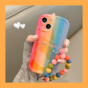 Móda Rainbow Usmievavá Tvár Telefón puzdro Pre iPhone 11 12 13 14 Pro Max Luxusné Shockproof Mäkký Kryt S Farebné Guľôčky Náramok