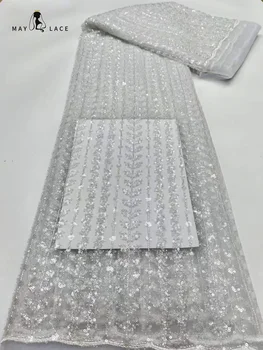 Môže Čipka Biela Afriacn Čipky Textílie Francúzsky 2023 Vysokej Kvality Nigéria Korálkové Materiál Flitrami Tylu Čipky Textílie Pre Svadobné Party