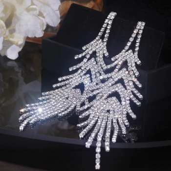 Nový Luxusný Drahokamu Crystal Dlhý Strapec Náušnice pre Ženy, Strieborná Farba Listový Tvar Drop Visieť Náušnice Večierok Šperky