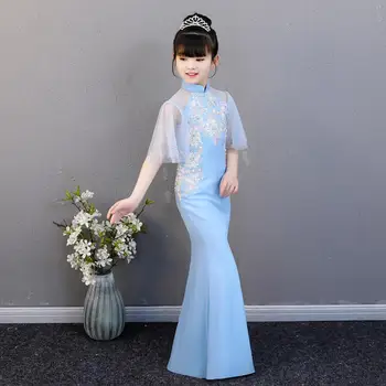 Prispôsobiť Čipky Vintage Morská Víla Princezná Šaty Dievčatá Cheongsam Večerné Šaty Slim Fáze Kostým Modis Deti Oblečenie Vestidos Y1537