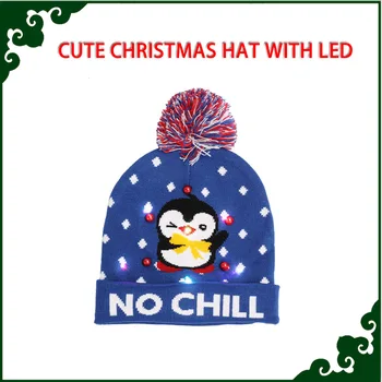 Roztomilý Tučniak Vianočné Hat Svetlo Až 6 Led Blikajúce Zime Teplé Pletené Čiapky Vianočný Darček Na Vianoce, Nový Rok Dekorácie