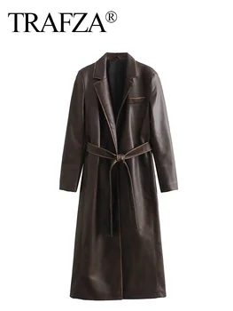 TRAFZA Vintage umelej kože Elegantný Dlhý Rukáv Bundy Ženy Nosia Outwear Účinok Opasok Na Pás Dlhé Bundy Výkopu Coats
